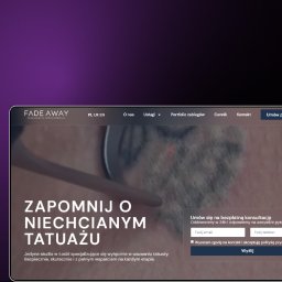 Agencja Tworzenia Stron Internetowych YetiWeb Olaf Orlikowski - Strona internetowa studia Fade Away, specjalizującego się w usuwaniu tatuaży w Łodzi. Widoczny nagłówek, menu i formularz kontaktowy z hasłem 'Zapomnij o niechcianym tatuażu'.