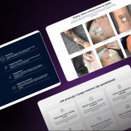Agencja Tworzenia Stron Internetowych YetiWeb Olaf Orlikowski - Tablet z ofertą zabiegów laserowych i efektami przed/po: usuwanie tatuaży, blizn. Teksty: konsultacja, przygotowanie skóry, regeneracja, zalecenia. Profesjonalne podejście.