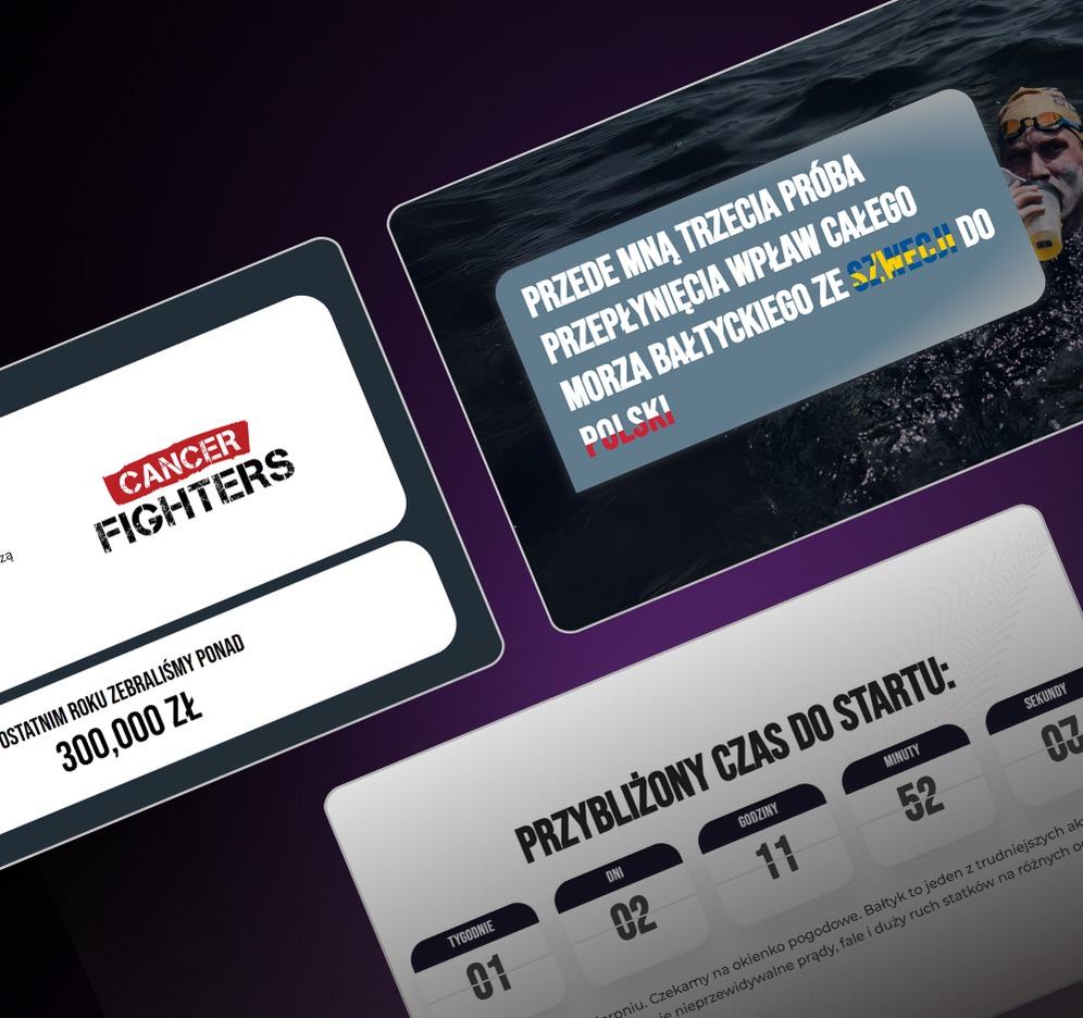 Grafika przedstawiająca zrzuty ekranu z informacjami o akcji charytatywnej Cancer Fighters, w tym cel zbiórki, informacja o pływaku przygotowującym się do przepłynięcia Bałtyku ze Szwecji do Polski...