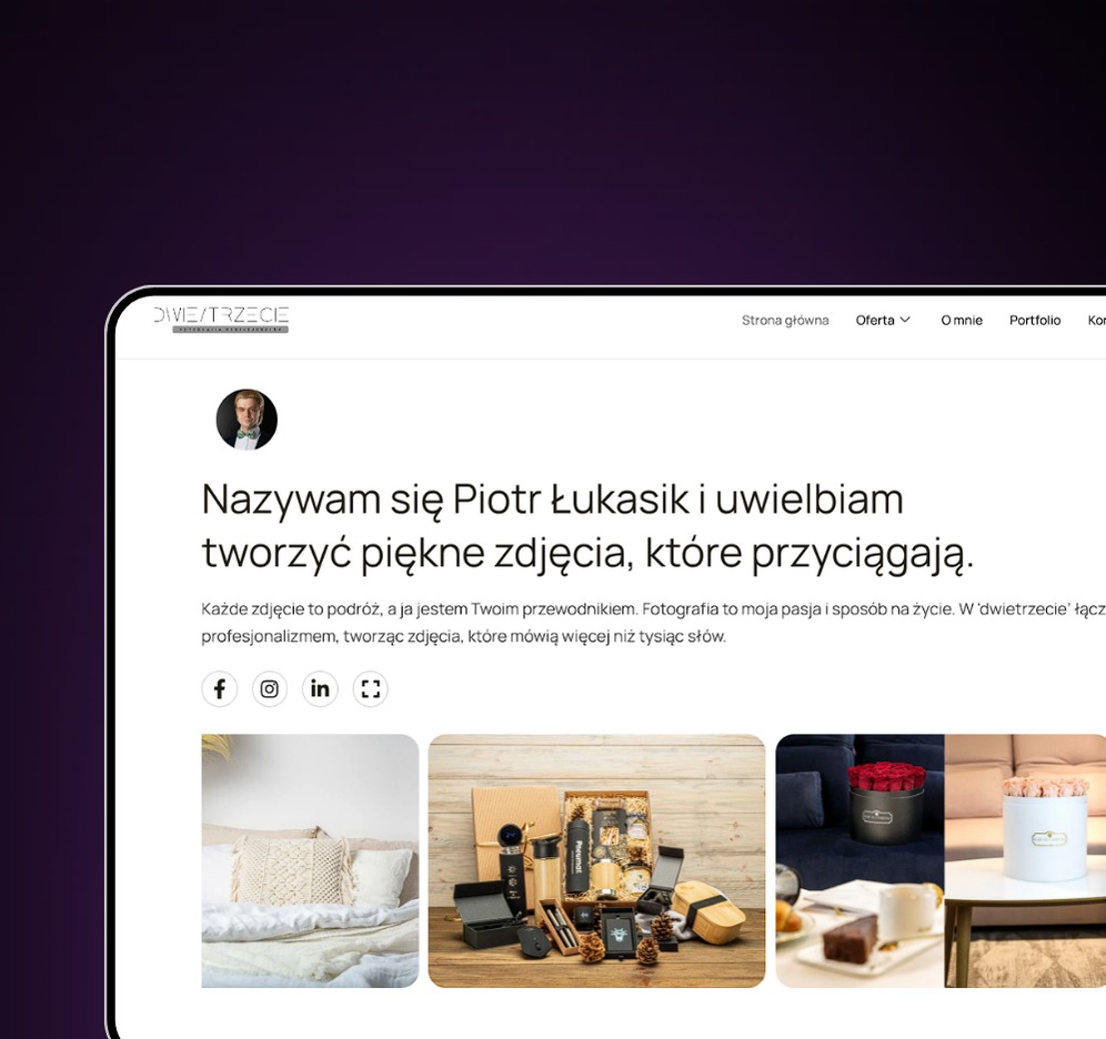 Wyświetlona strona internetowa fotografa Piotra Łukasika z trzema miniaturami zdjęć: sypialnia, zestaw prezentowy i kompozycja kwiatowa z deserem.