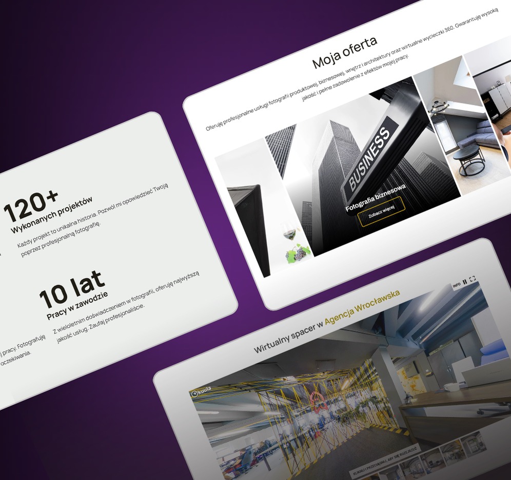 Prezentacja oferty fotografa na tabletach: statystyki, fotografia biznesowa i wirtualny spacer po Agencji Wrocławskiej, na fioletowym tle.