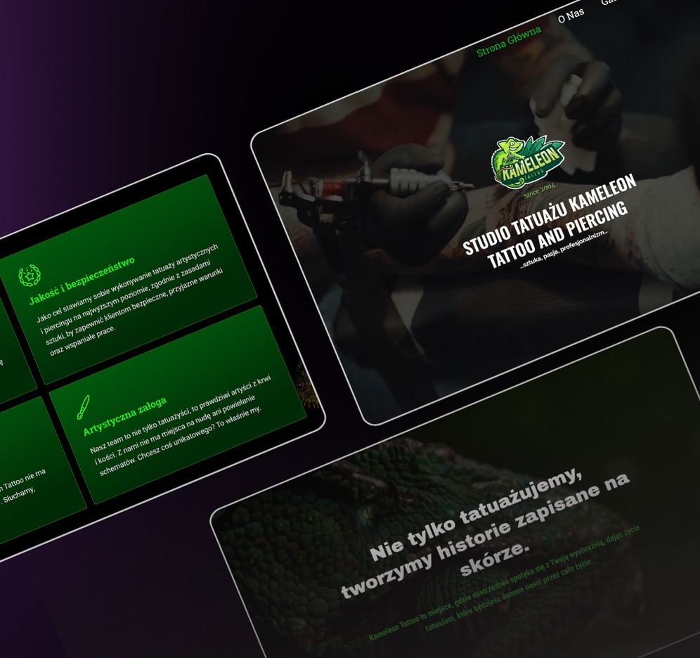 Ekran tabletu prezentujący stronę internetową studia tatuażu Kameleon z logo, informacjami o jakości, bezpieczeństwie i artystycznej załodze, oraz hasłem 'Nie tylko tatuażujemy, tworzymy historie...