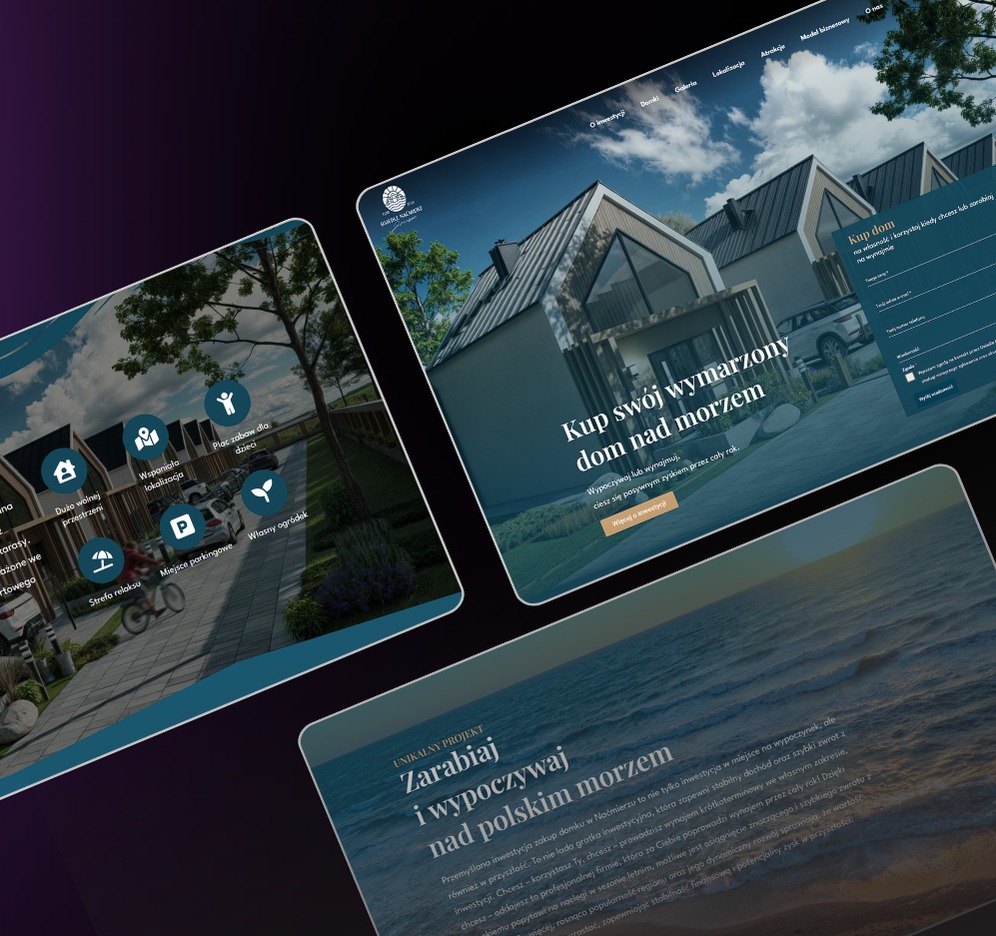 Prezentacja responsywnej strony internetowej z wizualizacjami osiedla domków nad morzem, ukazująca detale architektoniczne, mapę lokalizacji i ofertę inwestycyjną.