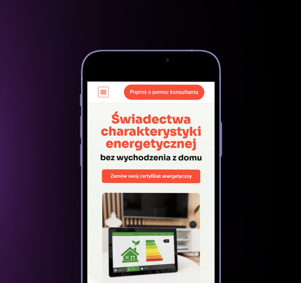 Ekran smartfona prezentujący aplikację do zamawiania świadectw charakterystyki energetycznej online, z widocznym certyfikatem na tablecie w tle.