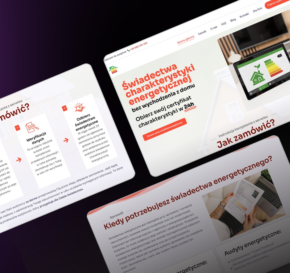 Ekrany urządzeń z prezentacją strony internetowej oferującej świadectwa charakterystyki energetycznej, z informacją o szybkim uzyskaniu certyfikatu w 24h oraz instrukcją zamówienia.