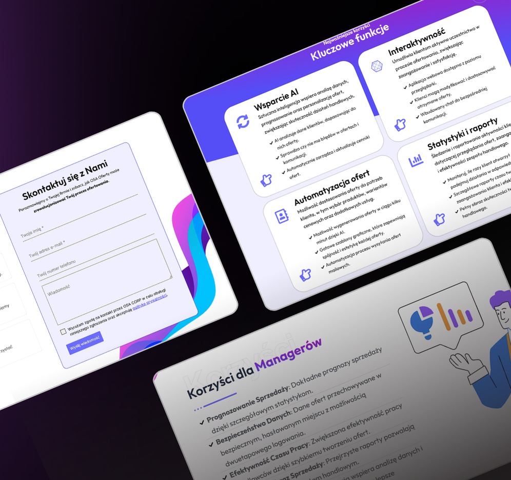 Ilustracja graficzna prezentująca funkcje i korzyści oprogramowania do automatyzacji ofert handlowych, w tym wsparcie AI, interaktywność, statystyki i raporty, oraz formularz kontaktowy.