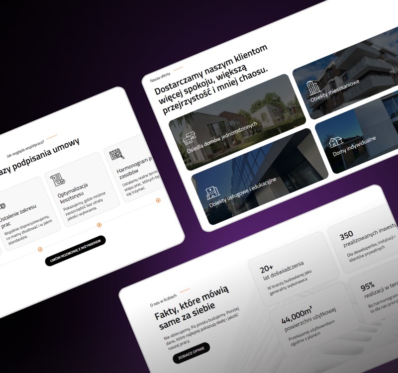 Prezentacja oferty firmy budowlanej na stronie internetowej: osiedla domów, obiekty usługowe, harmonogram prac, optymalizacja kosztorysów i fakty o realizacji inwestycji.