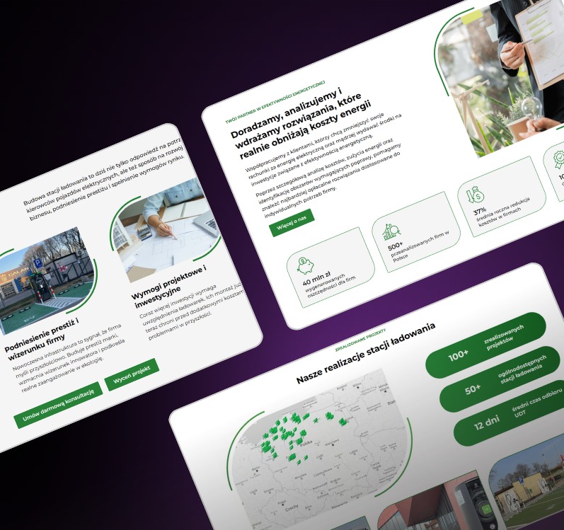 Prezentacja oferty firmy z Koszalina: doradztwo w efektywności energetycznej, realizacje stacji ładowania, oszczędności dla firm i analiza kosztów energii.