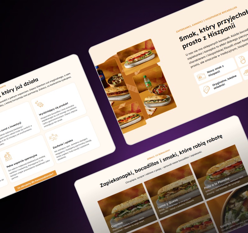 Prezentacja oferty hiszpańskich kanapek bocadillos na stronie internetowej. Widoczne zdjęcia kanapek, składników i informacje o franczyzie.