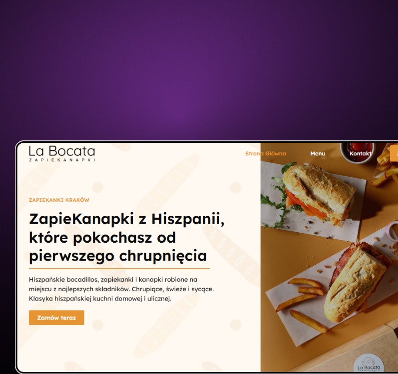 Strona internetowa restauracji z hiszpańskimi zapiekankami. Widoczne menu, zdjęcia kanapek i frytek. Kremowe tło, brązowe akcenty, nowoczesny design.