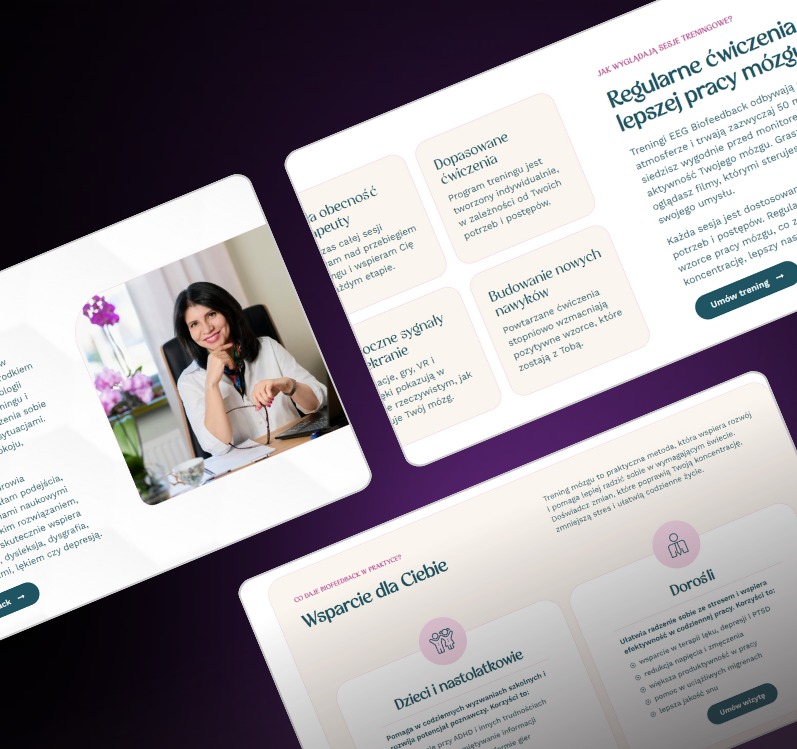 Fragment strony internetowej z ofertą biofeedback: kobieta w gabinecie, opis treningów, korzyści dla dzieci, nastolatków i dorosłych. Układ ukośny.