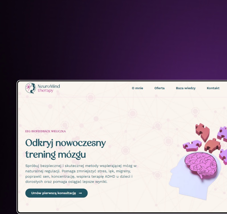 Strona internetowa NeuroMind therapy z hasłem 'Odkryj nowoczesny trening mózgu' i grafiką mózgu z puzzli. Oferta EEG Biofeedback Wieliczka.