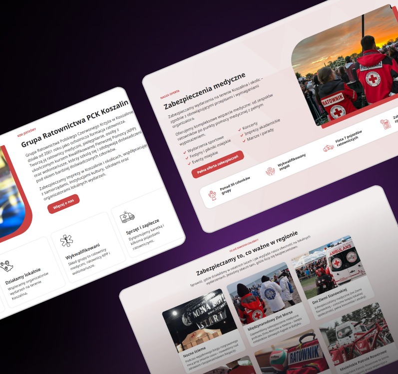 Prezentacja strony internetowej z ofertą zabezpieczeń medycznych, w tym ratownictwa PCK Koszalin, z elementami graficznymi i tekstem opisującym zakres usług.