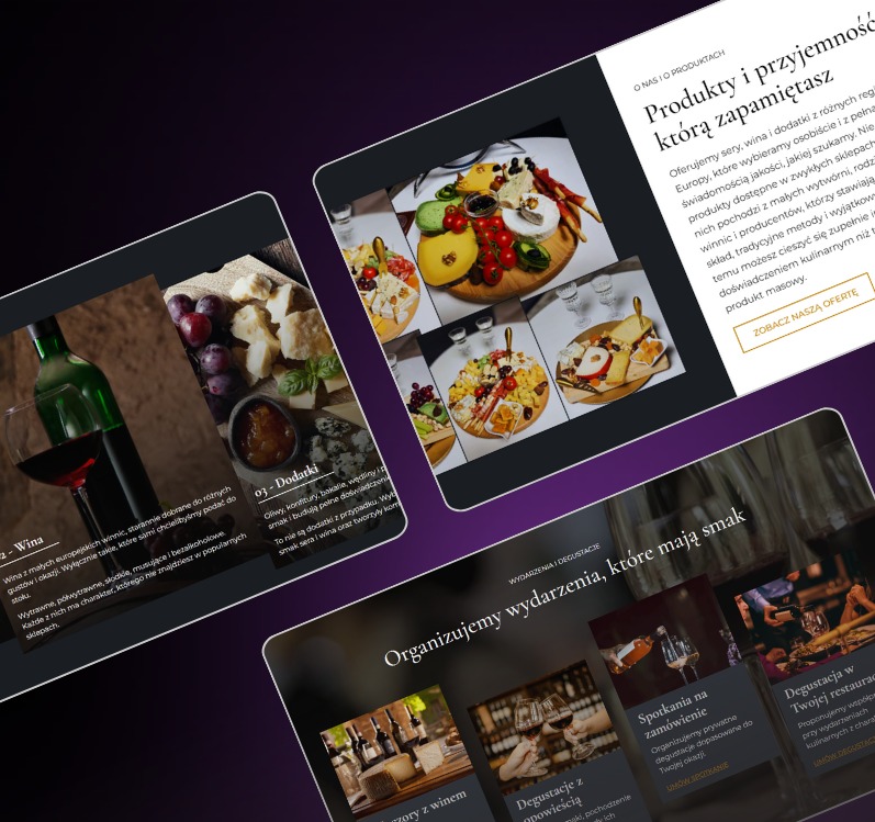 Prezentacja strony internetowej z ofertą serów, win i dodatków. Układ graficzny z miniaturami produktów i opisami degustacji. Elementy interfejsu użytkownika.