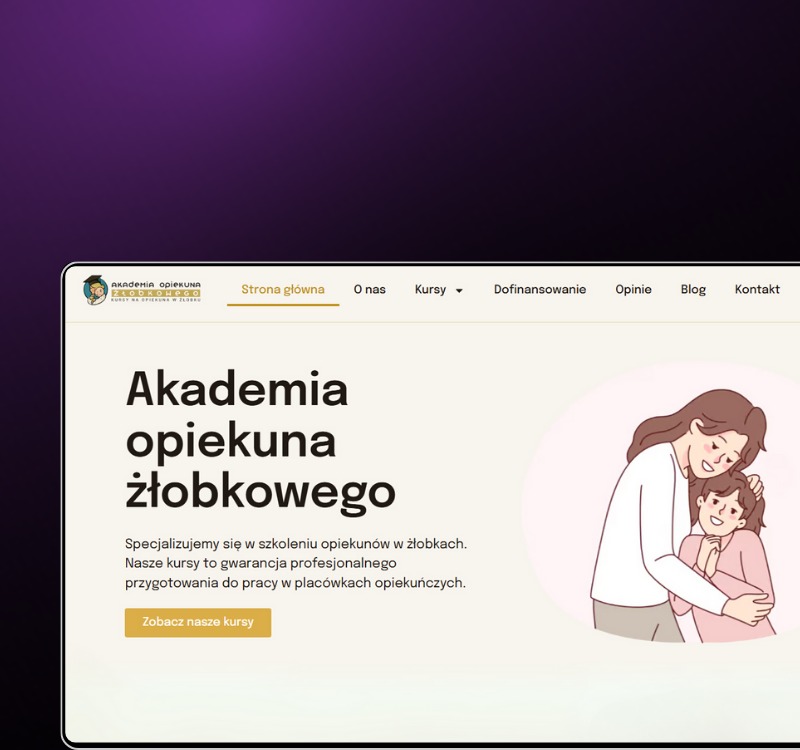 Strona główna witryny Akademii Opiekuna Żłobkowego z ilustracją kobiety obejmującej dziecko. Jasna kolorystyka, minimalistyczny design, widoczne menu nawigacyjne.