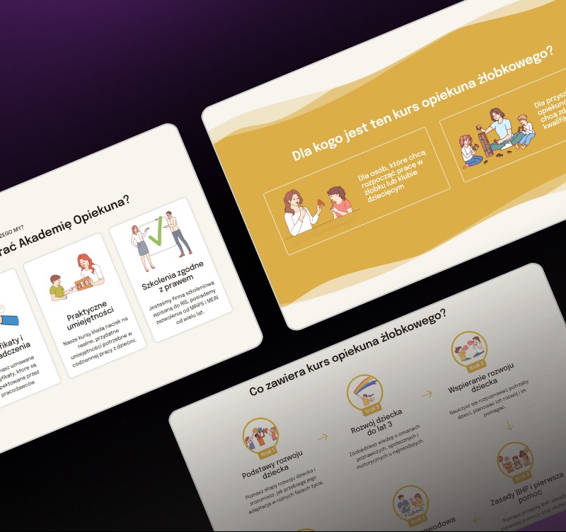 Grafika informacyjna o kursie opiekuna żłobkowego: program, umiejętności, zgodność z prawem, dla kogo przeznaczony. Ilustracje z dziećmi i opiekunami.