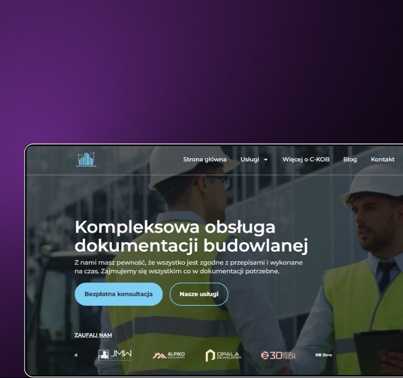 Strona internetowa z ofertą kompleksowej obsługi dokumentacji budowlanej. Dwóch inżynierów w kaskach i kamizelkach odblaskowych w tle. Logo firm budowlanych na dole.