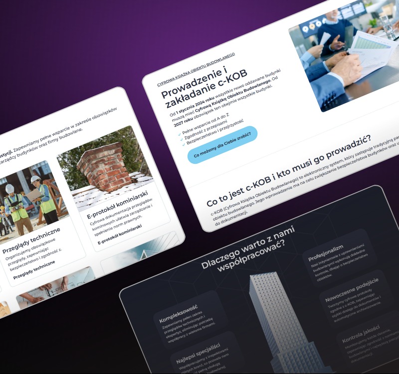 Prezentacja oferty cyfrowej książki obiektu budowlanego (c-KOB) na tabletach. Usługi przeglądów technicznych i e-protokołów kominiarskich. Profesjonalizm i nowoczesne podejście.