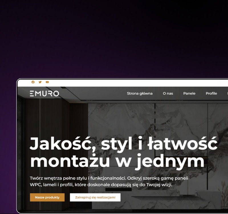Strona internetowa firmy EMURO prezentująca panele WPC, lamele i profile do wnętrz. Minimalistyczny design z hasłem 'Jakość, styl i łatwość montażu w jednym'.