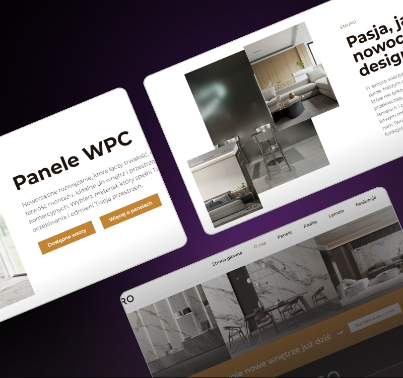 Prezentacja strony internetowej z panelami WPC i aranżacjami wnętrz. Układ graficzny z zakładkami: O nas, Panele, Profile, Lamele, Realizacje. Nowoczesny design.