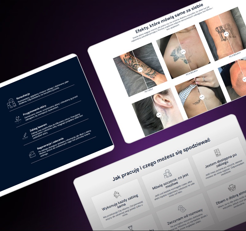 Tablet z ofertą zabiegów laserowych i efektami przed/po: usuwanie tatuaży, blizn. Teksty: konsultacja, przygotowanie skóry, regeneracja, zalecenia. Profesjonalne podejście.