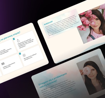 Układ trzech ekranów z treścią o kobiecości i przygotowaniu do wizyty, z portretami kobiet z kwiatami. Pastelowa kolorystyka, nowoczesny design.