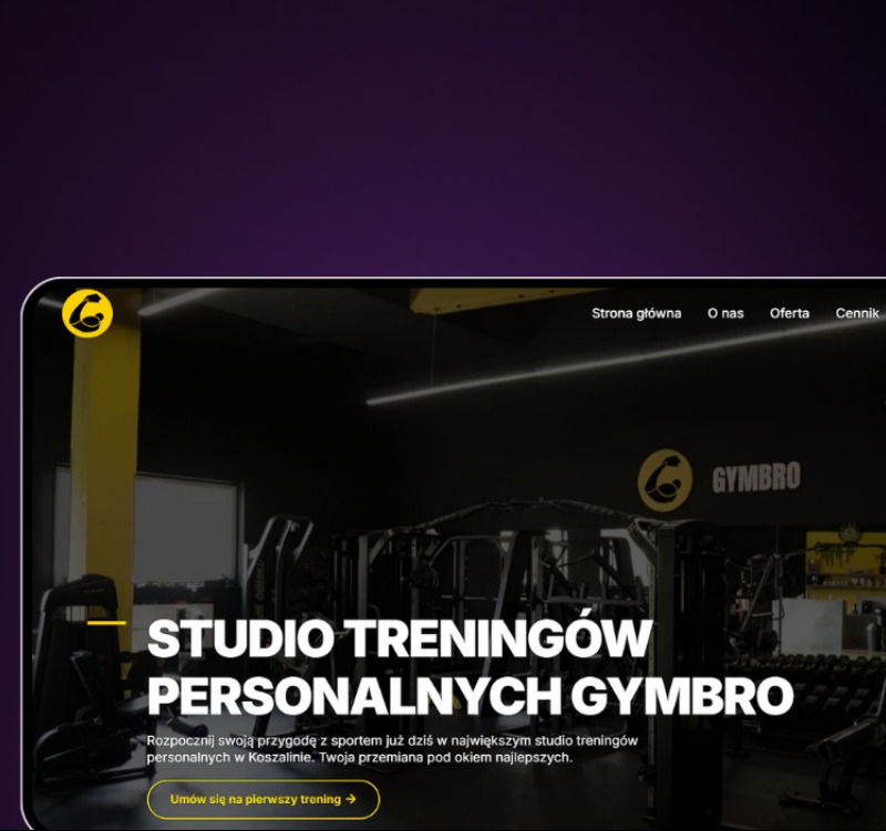 Strona internetowa studia treningów personalnych Gymbro z czarnym tłem, żółtymi akcentami i hasłem 'Studio Treningów Personalnych Gymbro'.