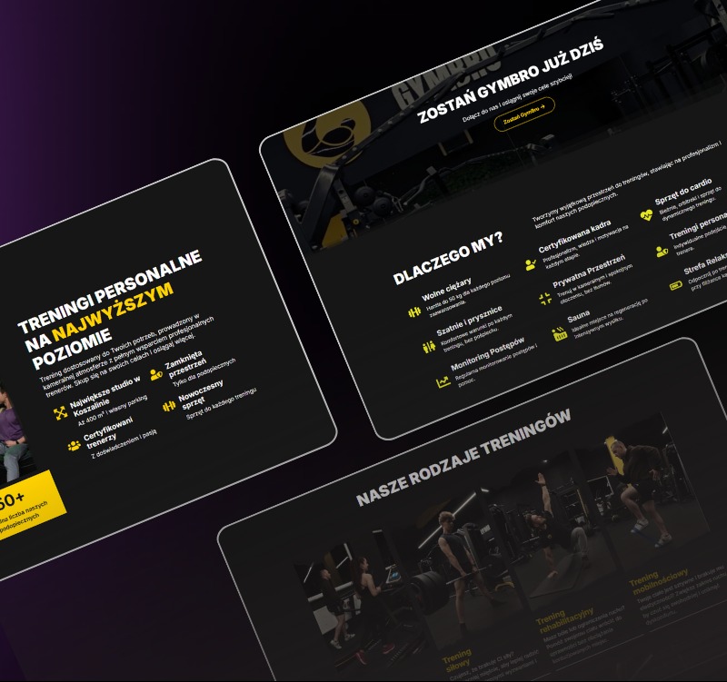 Projekt strony internetowej siłowni Gymbro z informacjami o treningach personalnych, rodzajach treningów i certyfikowanej kadrze. Nowoczesny design w ciemnej kolorystyce.