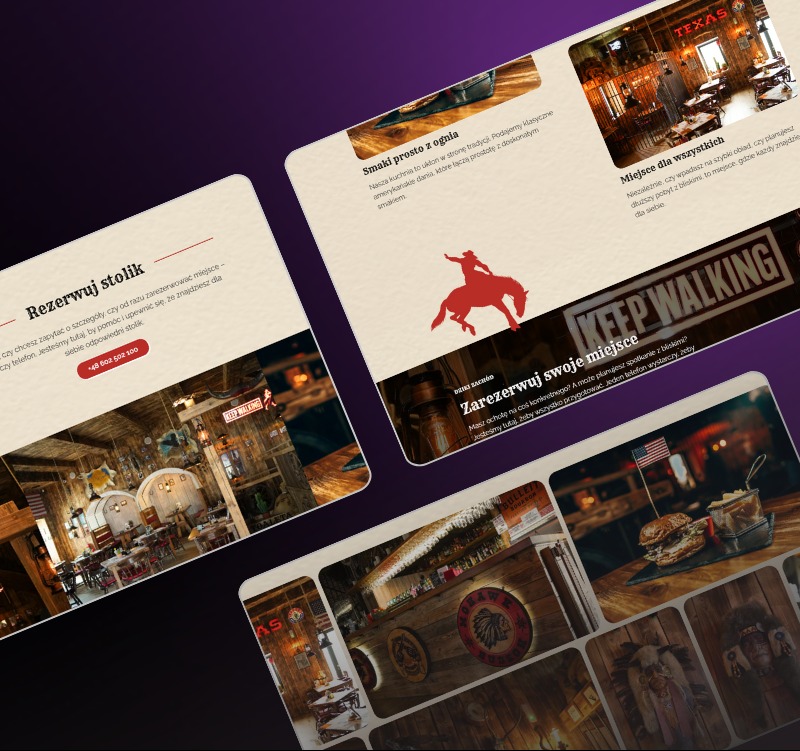 Układ strony internetowej w stylu Dzikiego Zachodu z elementami graficznymi, zdjęciami wnętrz restauracji i tekstem zachęcającym do rezerwacji stolika.