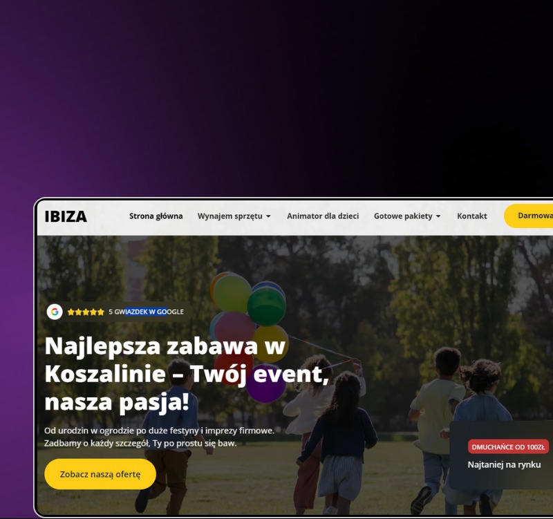 Strona internetowa firmy eventowej 'IBIZA' z Koszalina. Dzieci bawią się na tle zieleni, kolorowe balony. Ocena 5 gwiazdek w Google. Zobacz naszą ofertę.