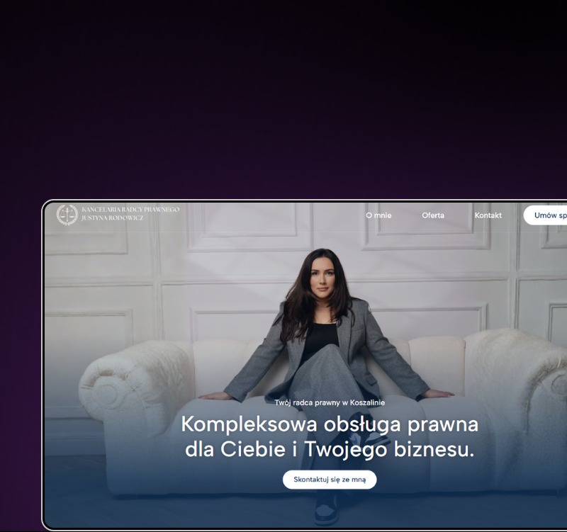 Strona internetowa kancelarii radcy prawnego z portretem kobiety w szarym garniturze na tle białej sofy. Napis: Kompleksowa obsługa prawna dla Ciebie i Twojego biznesu.