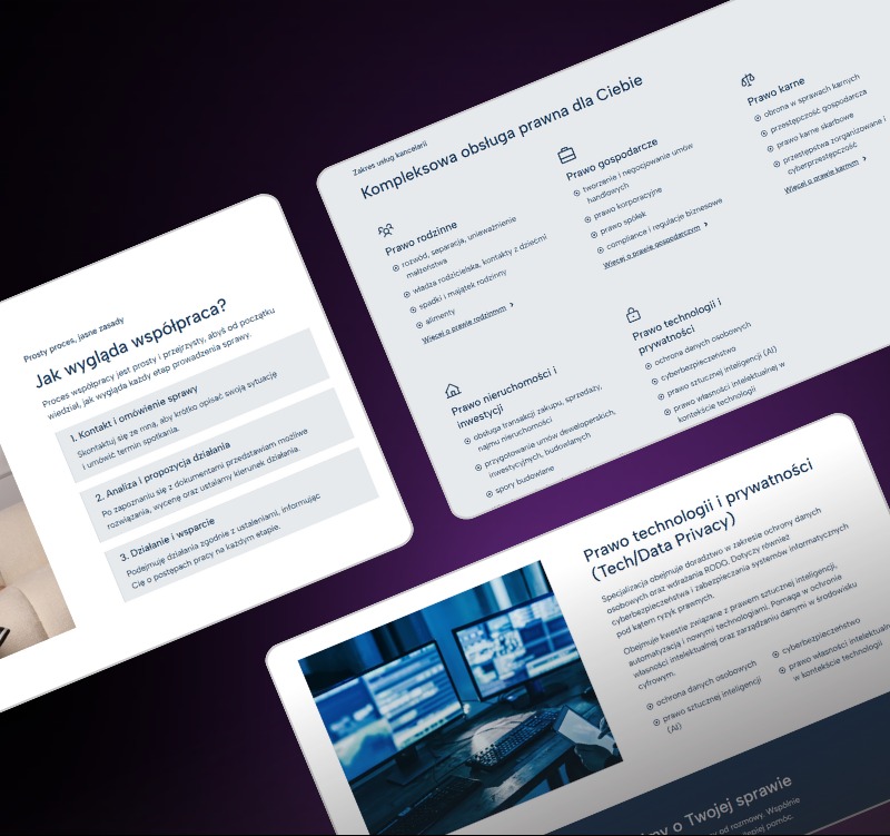 Ekrany tabletów prezentują ofertę kancelarii prawnej: zakres usług, proces współpracy i specjalizację w prawie technologii i prywatności. Nowoczesny design, czytelny układ.