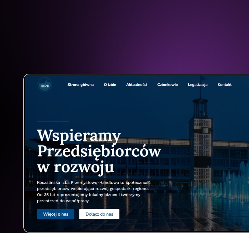 Strona internetowa Koszalińskiej Izby Przemysłowo-Handlowej z menu nawigacyjnym, hasłem 'Wspieramy Przedsiębiorców w rozwoju' i budynkiem w tle.