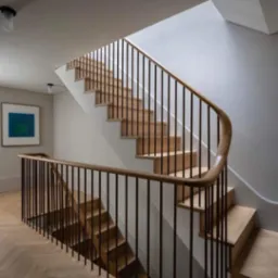 Nowoczesne schody drewniane z czarnymi balustradami w jasnym wnętrzu, parkiet ułożony w jodełkę, obraz na ścianie.