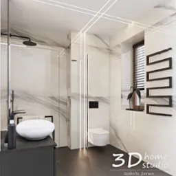 Nowoczesna łazienka z marmurowymi płytkami, kabiną prysznicową typu walk-in, podwieszaną toaletą i grzejnikiem drabinkowym w kolorze czarnym oraz dekoracyjnymi figurkami ptaków na półce.