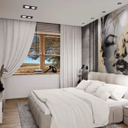 Jasna sypialnia z łóżkiem typu king-size, abstrakcyjnym portretem na ścianie, drewnianą podłogą i widokiem na krajobraz za oknem z żaluzjami.