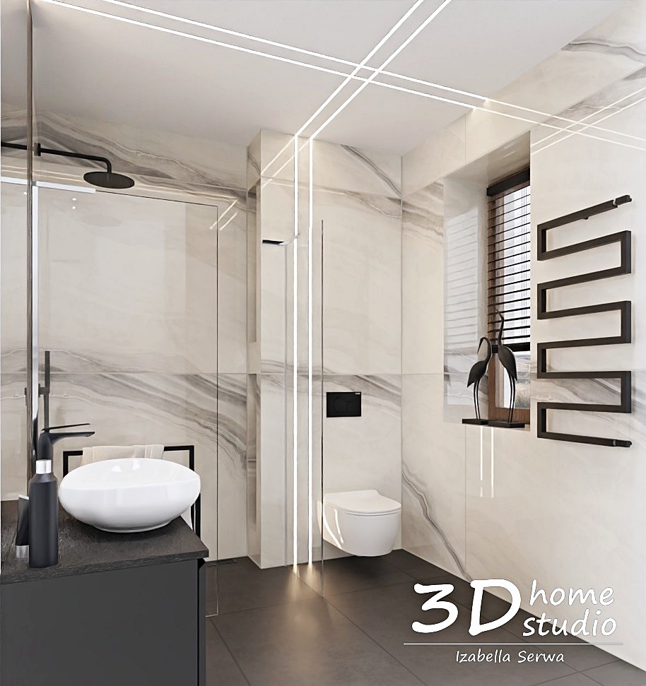 Nowoczesna łazienka z marmurowymi płytkami, kabiną prysznicową typu walk-in, podwieszaną toaletą i grzejnikiem drabinkowym w kolorze czarnym oraz dekoracyjnymi figurkami ptaków na półce.