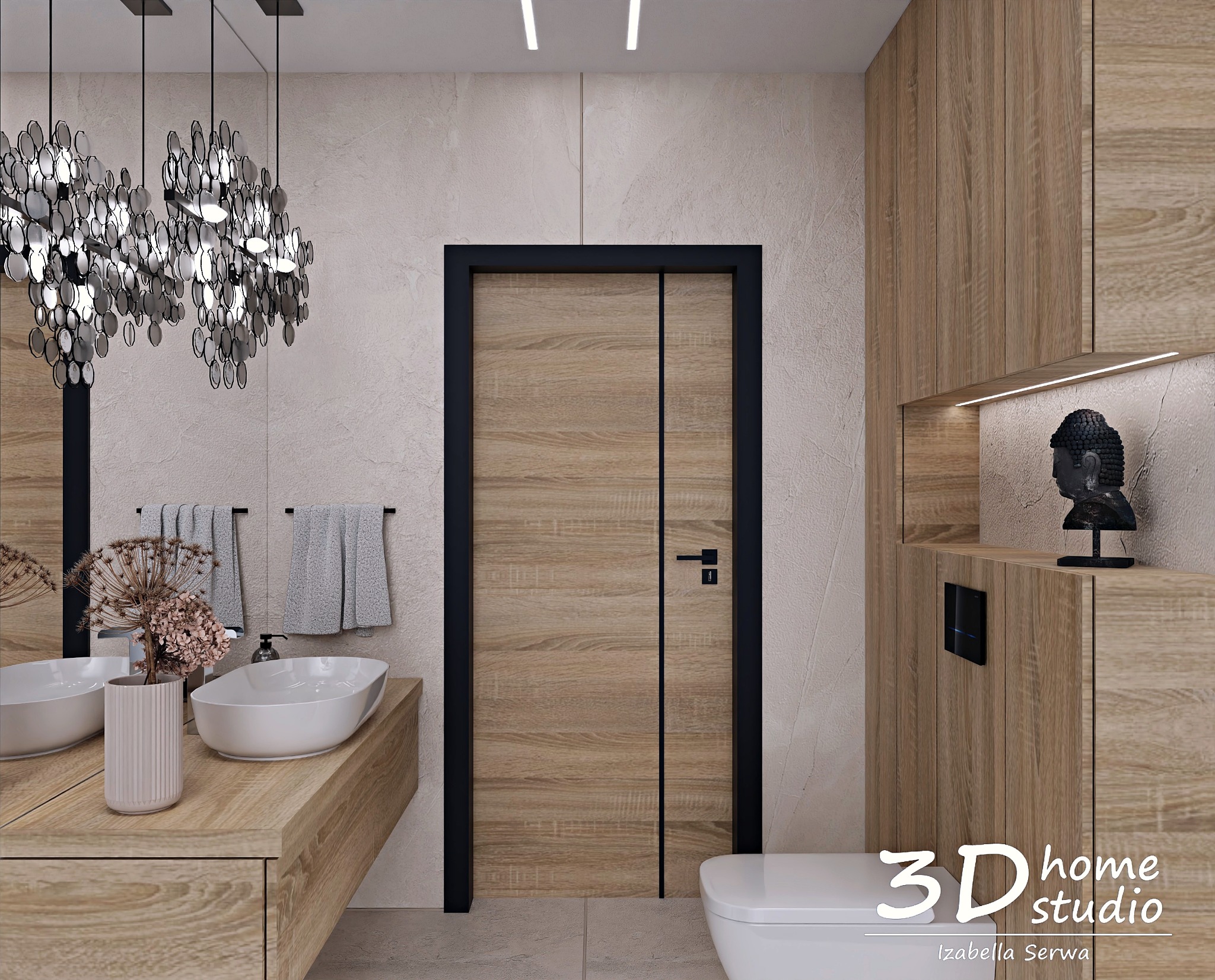 Wizualizacja nowoczesnej łazienki z drewnianymi elementami: szafka pod umywalką, drzwi z czarną ramą, oświetlona półka z dekoracyjną figurką Buddy, ozdobny żyrandol nad umywalką.