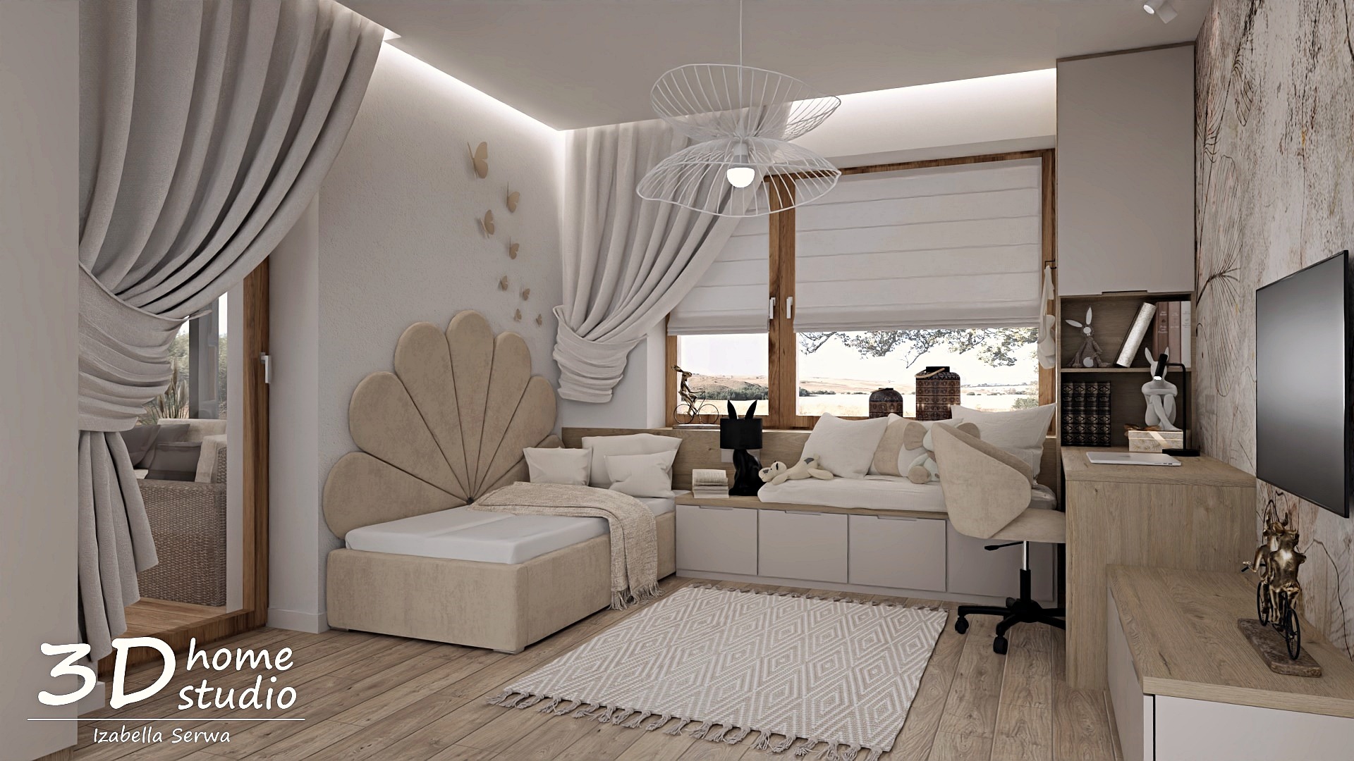 Wizualizacja pokoju dziecięcego w Częstochowie z łóżkiem z wezgłowiem w kształcie muszli, jasnymi zasłonami i dywanem w geometryczny wzór, doświetlonego designerską lampą wiszącą.