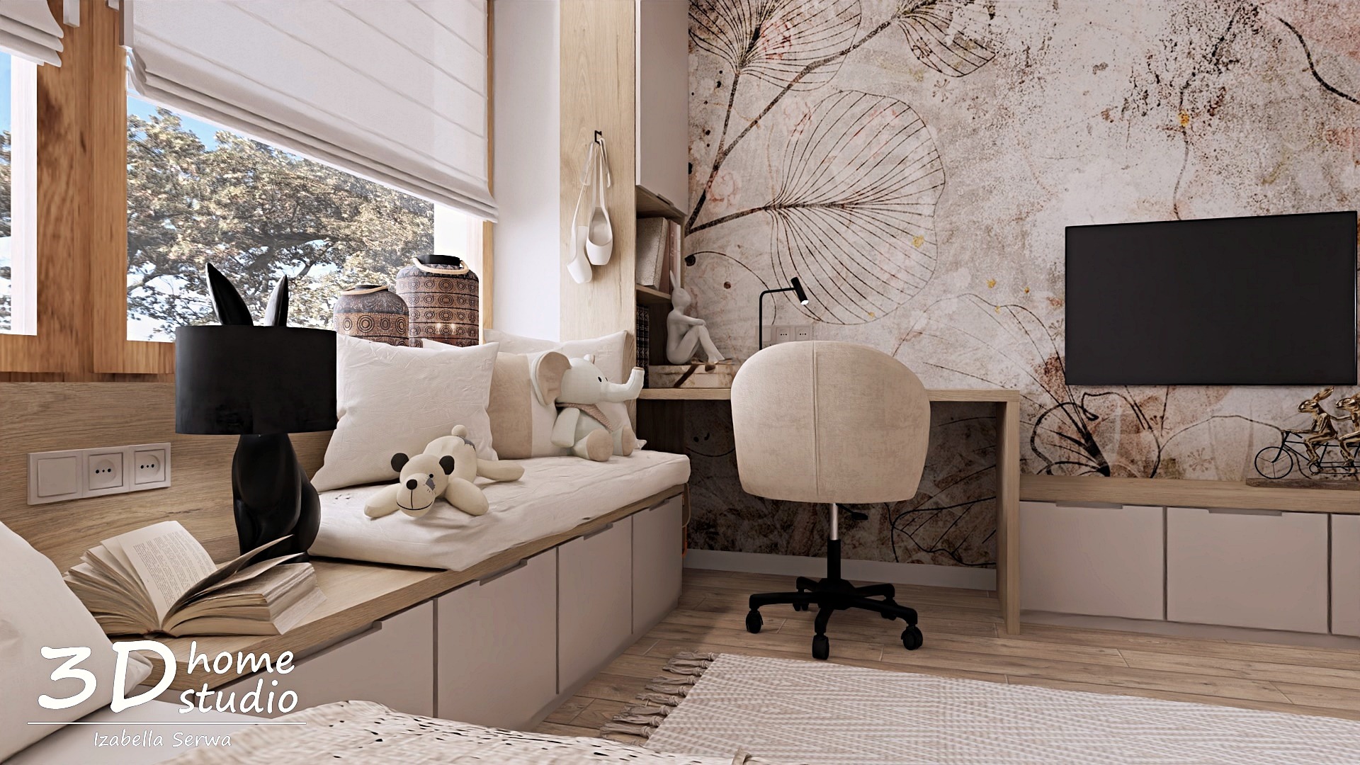 Pokój dziecięcy z łóżkiem przy oknie, biurkiem i telewizorem na ścianie z motywem roślinnym, oświetlony lampą z abażurem w kształcie króliczych uszu i ozdobiony pluszakami.