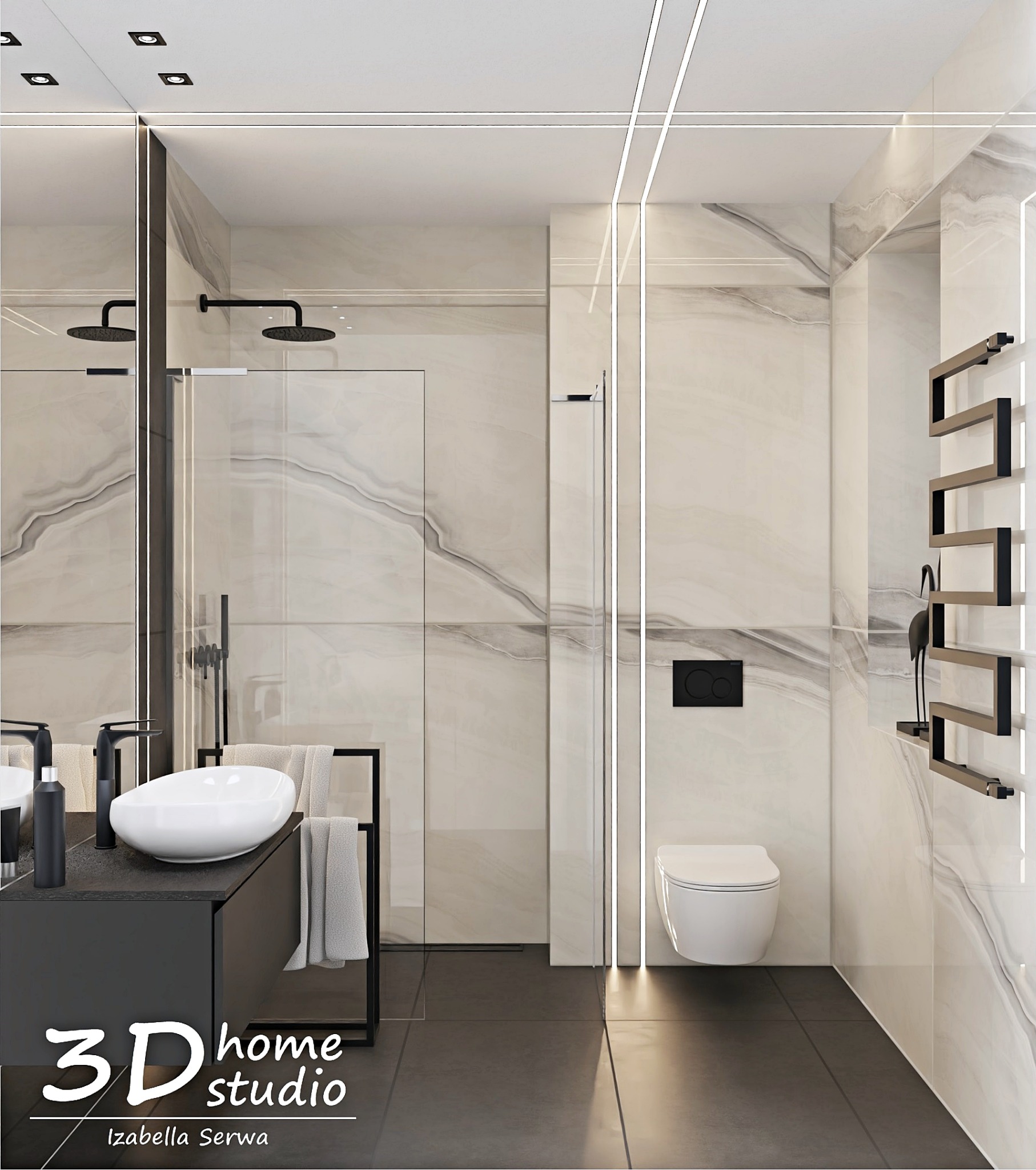 Elegancka łazienka z marmurowymi płytkami, czarną armaturą i oświetleniem LED, umywalka nablatowa i minimalistyczna toaleta podwieszana.