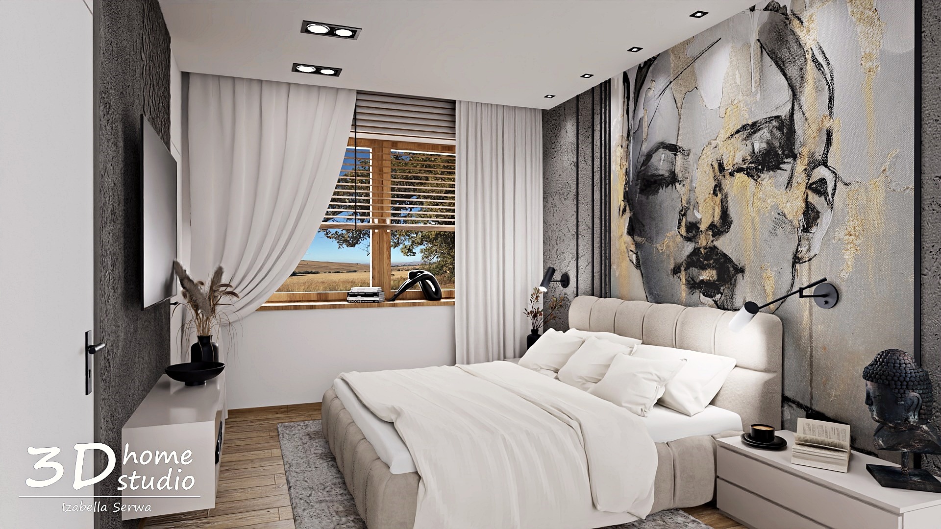 Jasna sypialnia z łóżkiem typu king-size, abstrakcyjnym portretem na ścianie, drewnianą podłogą i widokiem na krajobraz za oknem z żaluzjami.