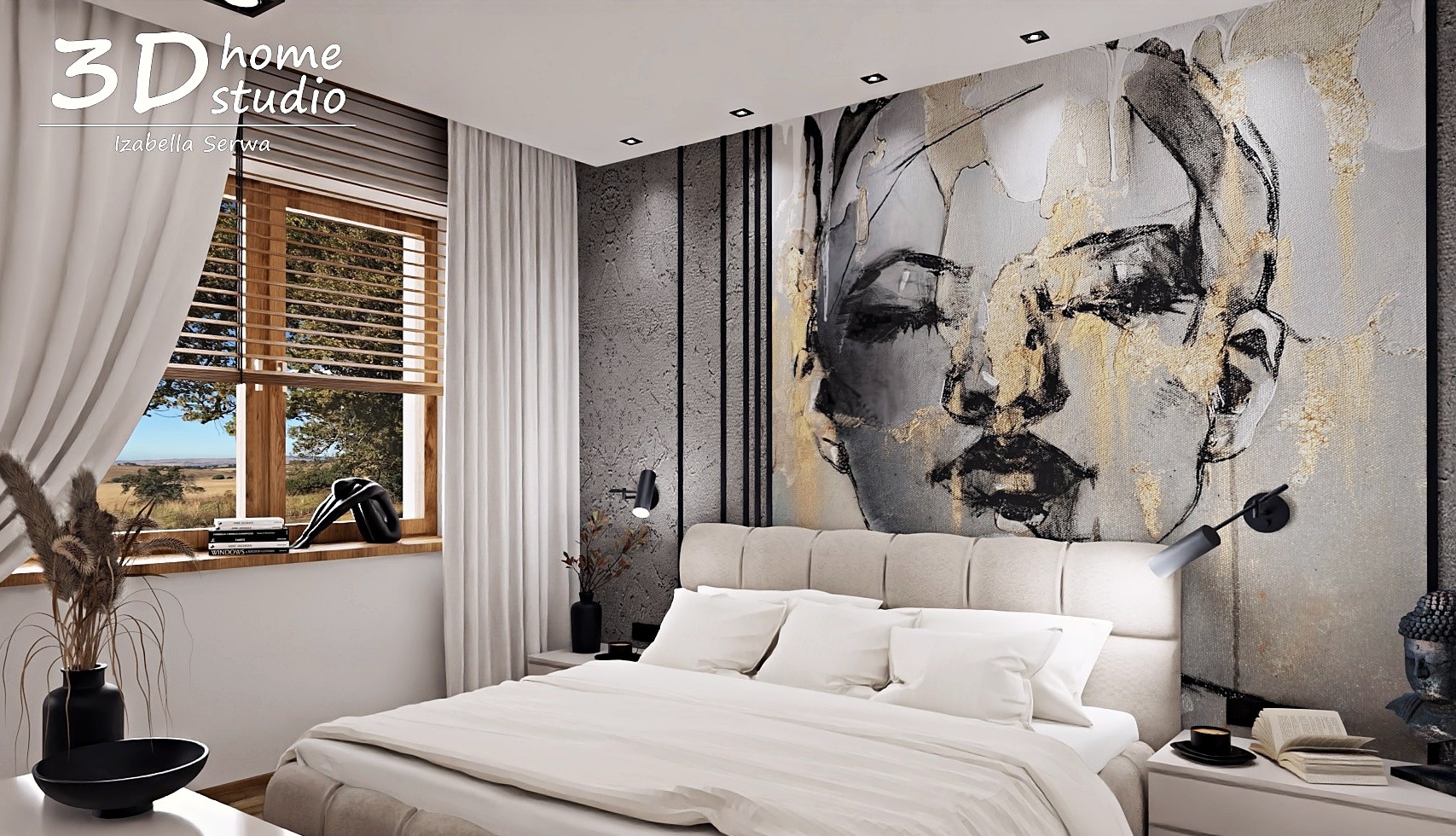Sypialnia z łóżkiem kontynentalnym, abstrakcyjnym portretem na ścianie, drewnianymi żaluzjami i figurką na parapecie okna z widokiem na krajobraz.