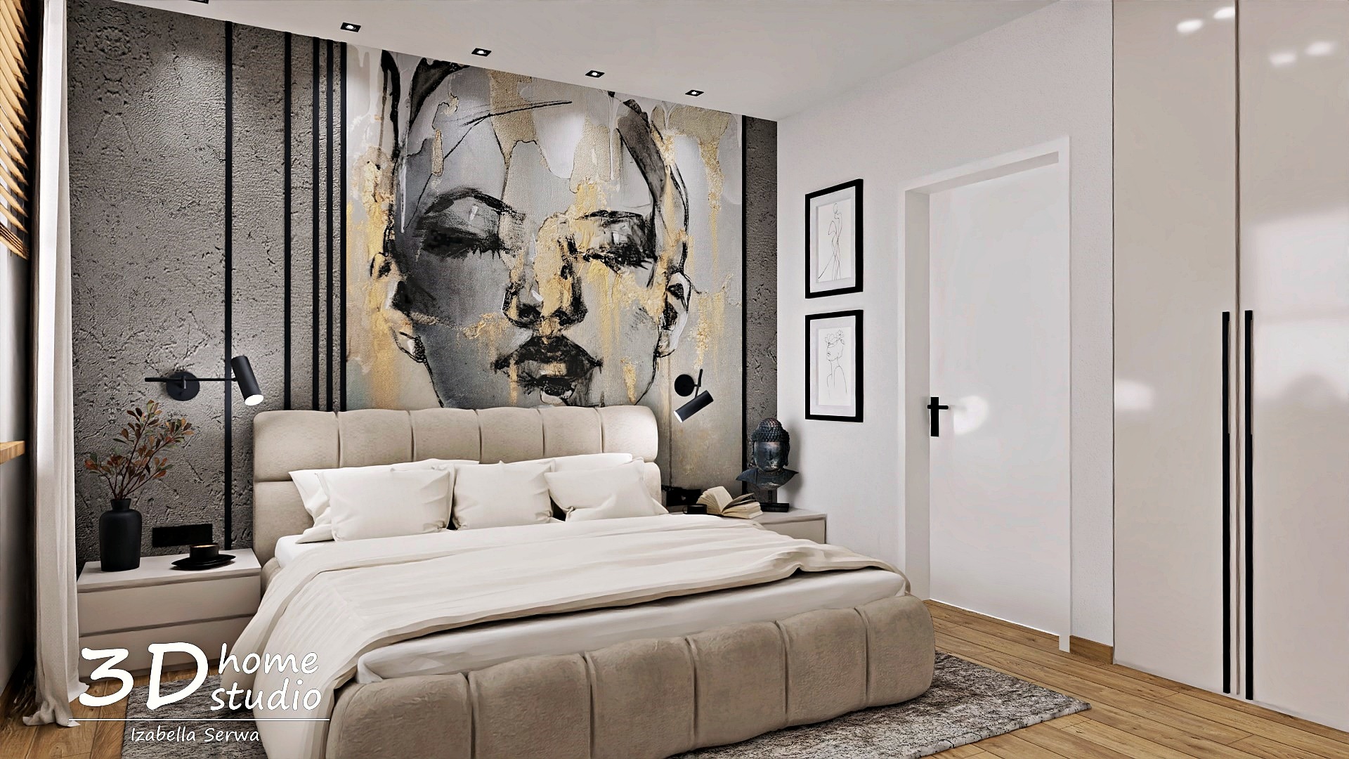 Beżowa sypialnia z łóżkiem typu king-size, białą pościelą i artystycznym muralem przedstawiającym twarz kobiety w odcieniach szarości i złota, uzupełniona czarnymi lampami ściennymi...