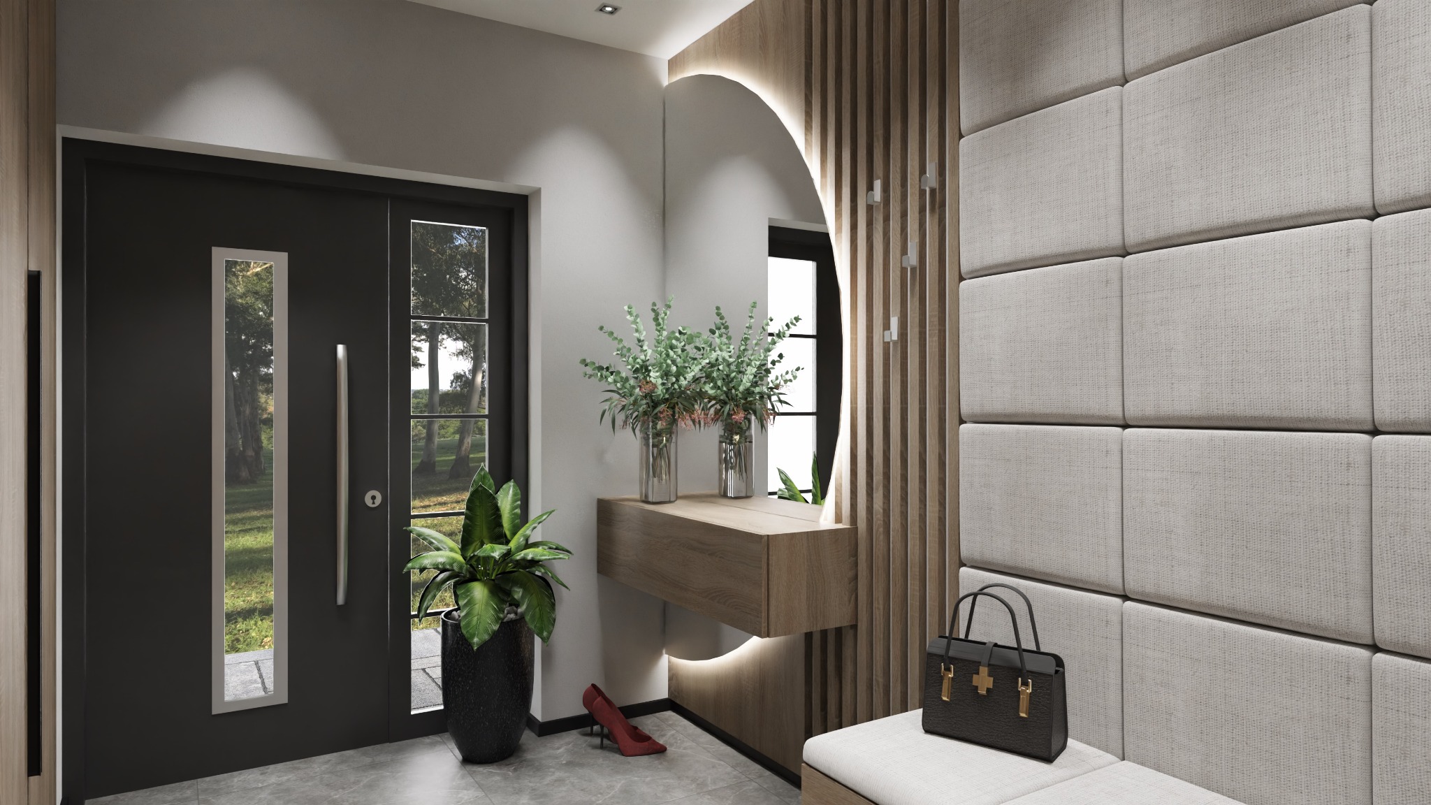 Nowoczesny przedpokój z czarnymi drzwiami wejściowymi z przeszkleniami, lustrem z podświetleniem LED, drewnianą konsolą, rośliną w czarnej donicy, panelem ściennym i czerwoną szpilką leżącą...