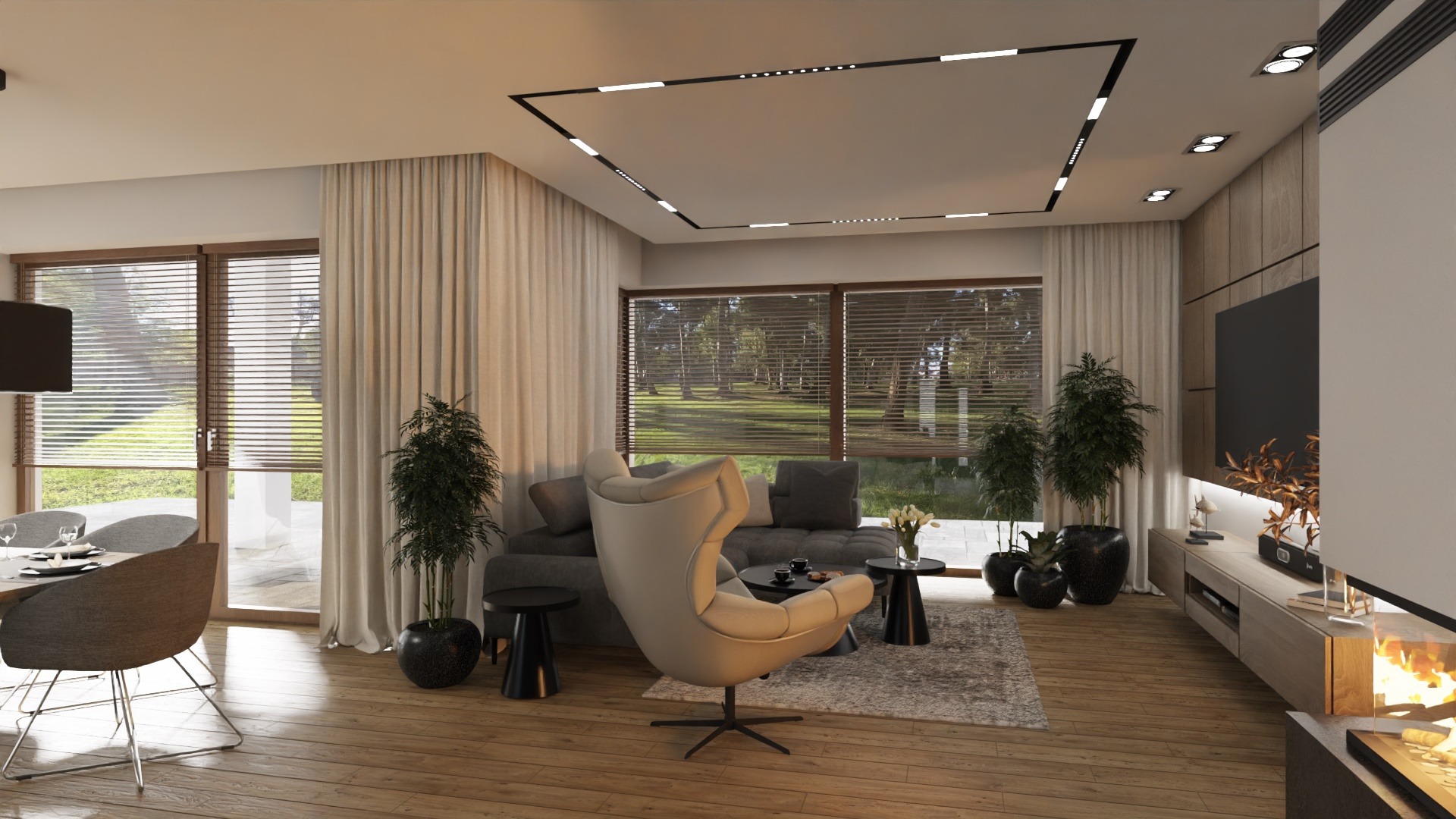 Jasny salon z drewnianą podłogą, szarą sofą, beżowym fotelem obrotowym, czarnymi stolikami, roślinami w donicach i oknami z widokiem na zieleń, oświetlenie sufitowe LED w czarnej ramie.