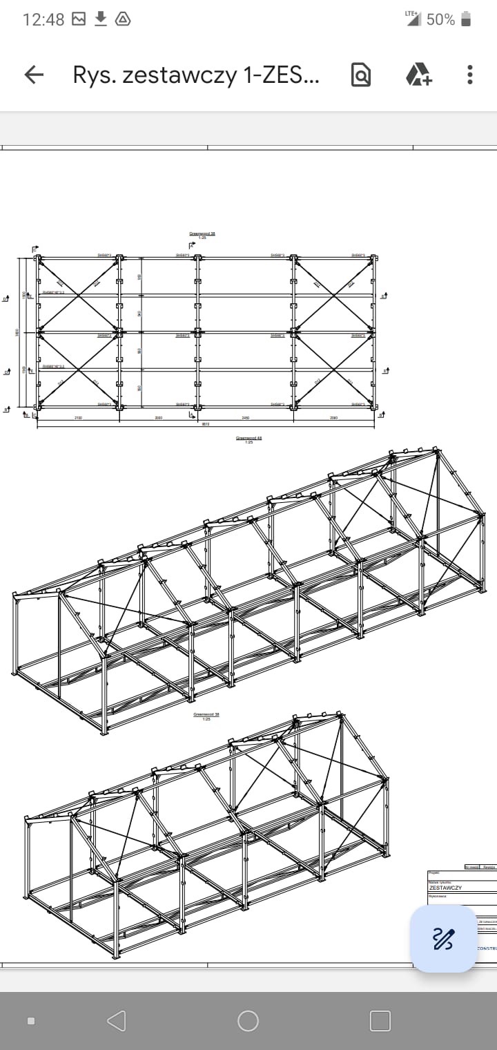 Rysunek techniczny rzutu i perspektywy metalowej konstrukcji szkieletowej z wymiarami.