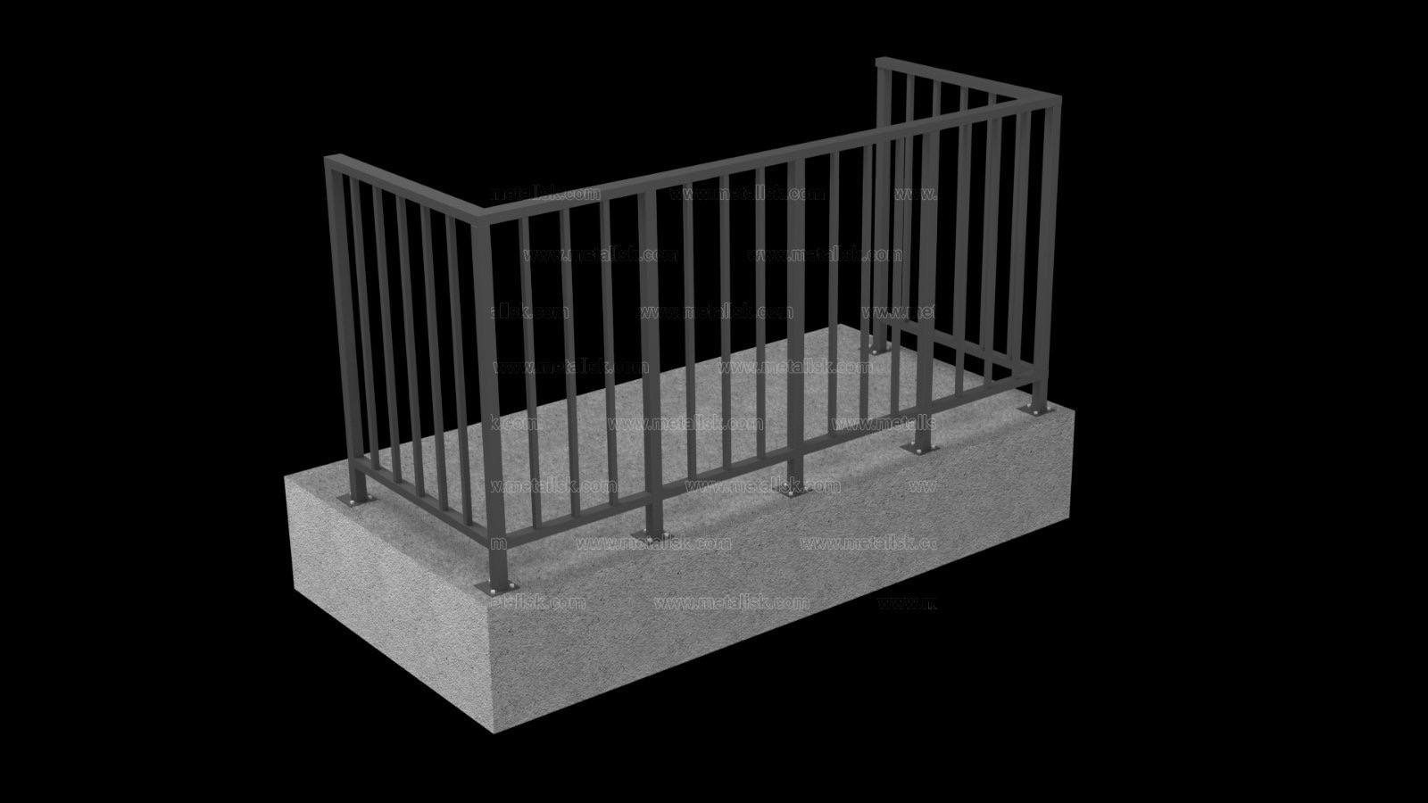 Wizualizacja 3D metalowej balustrady balkonowej z pionowymi prętami, zamocowanej na betonowej podstawie, z widocznym znakiem wodnym firmy.