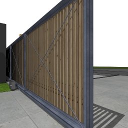 Gospodarstwo Rolne Marek Żaba - Nowoczesna brama przesuwna z drewnianym wypełnieniem i metalową ramą, widok z boku, betonowa nawierzchnia, minimalistyczny design, jasne drewno, szara rama.