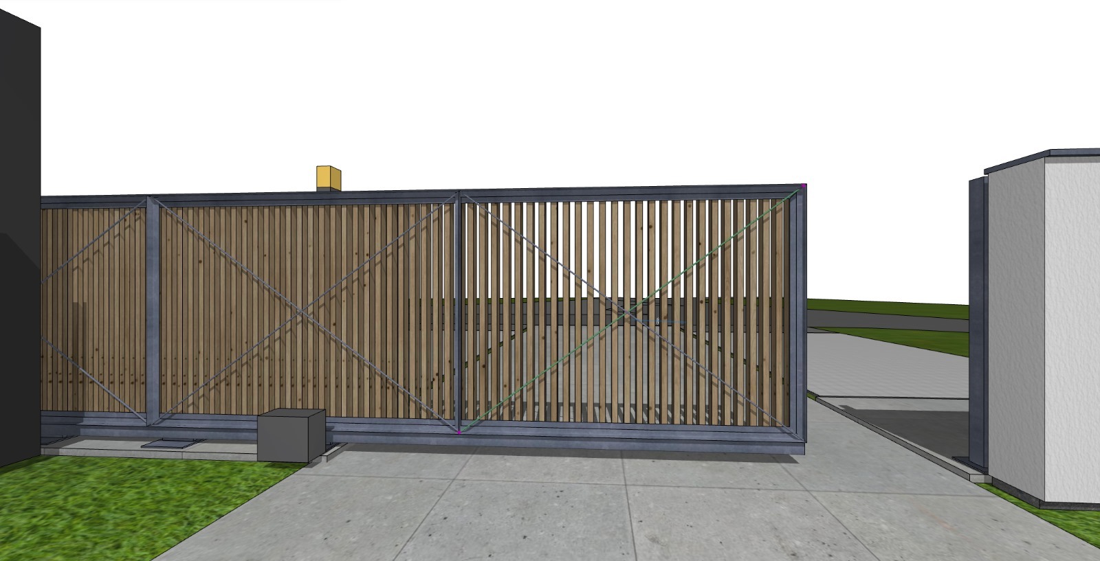 Nowoczesna brama przesuwna z drewnianymi lamelami i metalową ramą, widok z zewnątrz na tle betonowego podjazdu i zieleni. Minimalistyczny design.